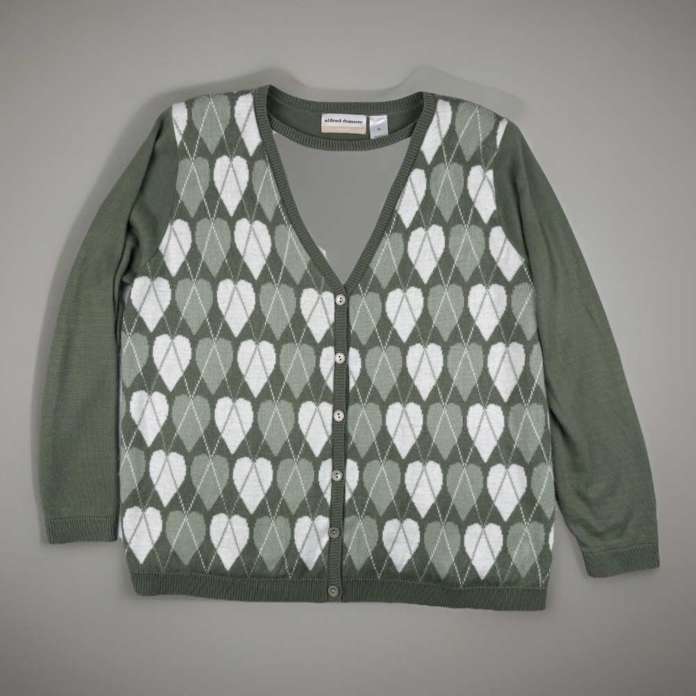 Grandmacore Cottagecore Heart Argyle Cardigan Sweater 1X Sage